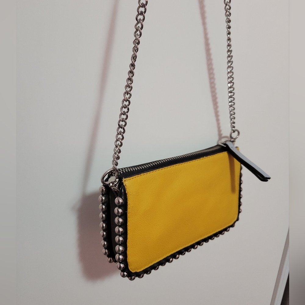 Zara Yellow and Blue Leather Crossbody Bag with Silver Chain Strap